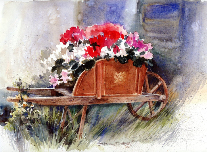 Cart with Red Flowers by Dawna Barton - 10 X 12 Inches (Greeting Card)