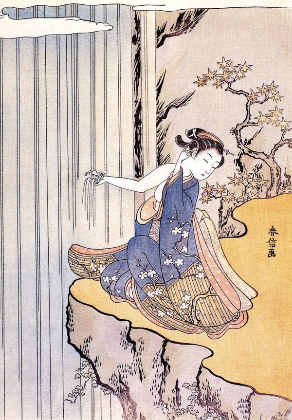 Jeune femme mouillant ses doigts dans une cascade par Suzuki Haronobu - 5 X 7 pouces (carte de note)