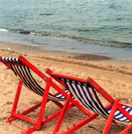 Two Red Beach Chairs by Ruth Beker - 3 X 3 Inches (Greeting Card)