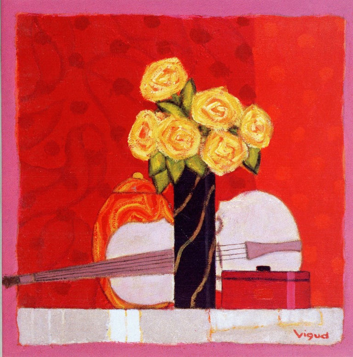 Roses with Violin by Andre Vigud - 6 X 6 Inches (Greeting Card)