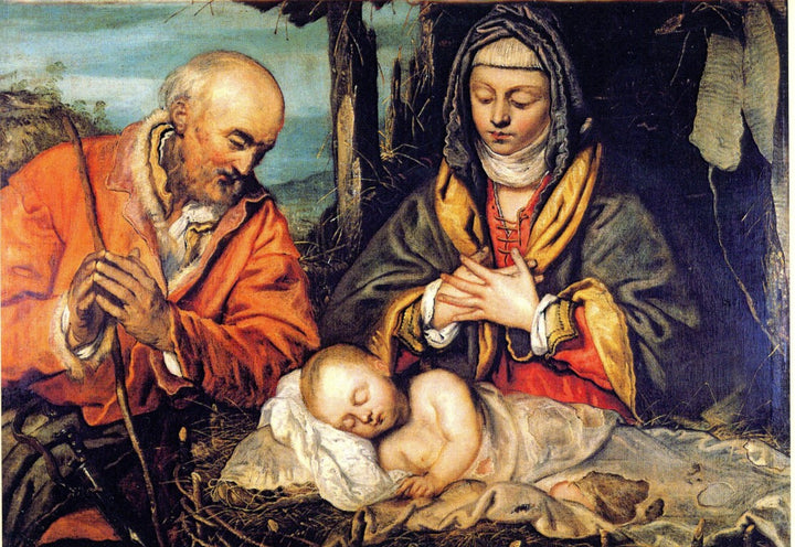 Mary and Joseph worshiping the Child, 1550 by Tintorello - 5 X 7" (Greeting Card)