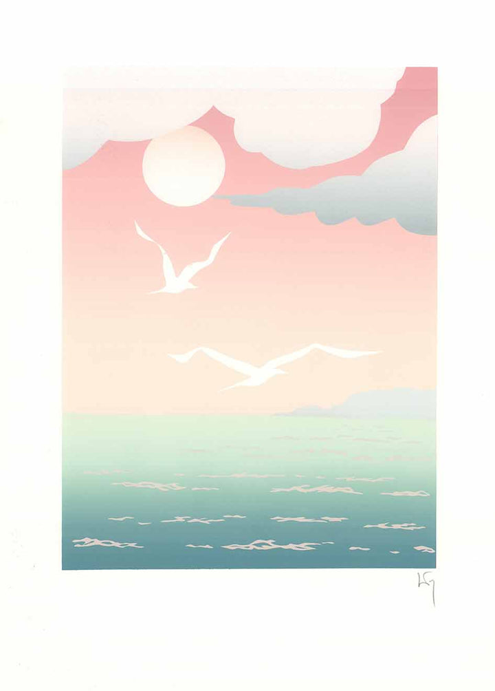 Seagull Waterscape by Key - 14 X 19 Inches (Offset Signed Lithograph Fine Art Print)