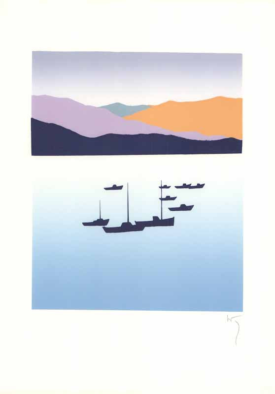 Ships Mountains Harbour by Key - 14 X 19 Inches (Offset Signed Lithograph Fine Art Print)