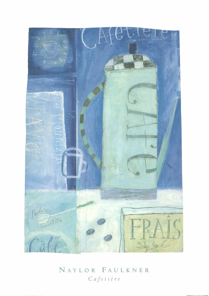 An art print featuring a contemporary interpretation of a coffee maker with abstract and representational elements in a blue toned background.