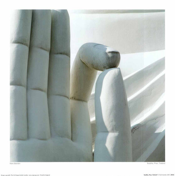 A fine art print poster featuring a close-up of a human hand in a praying posture, resembling a statue or a similar art piece, with a blurred background.