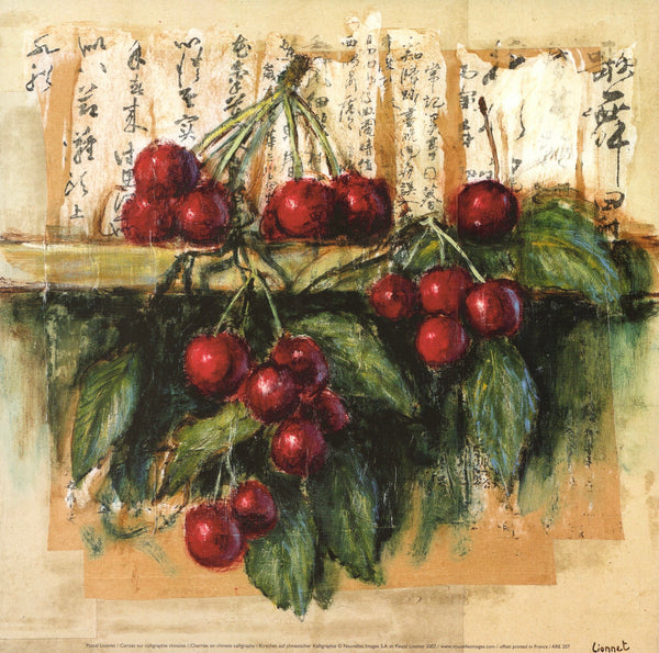 Cherries on Chinese calligraphy by Pascal Lionnet - 12 X 12 Inches (Art Print)