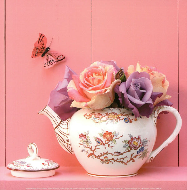 Teapot with roses and Butterfly by Camille Soulayrol et Louis Gaillard - 12 X 12 Inches (Art Print)