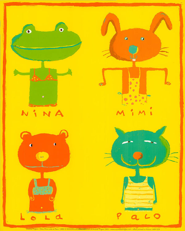 Nina , Mimi , Lola , et Paco by Andrée Prigent - 10 X 12 Inches (Art Print)