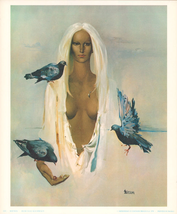 Young Girl with Birds, 1977 by Bertran - 10 X 12 Inches (Art Print)