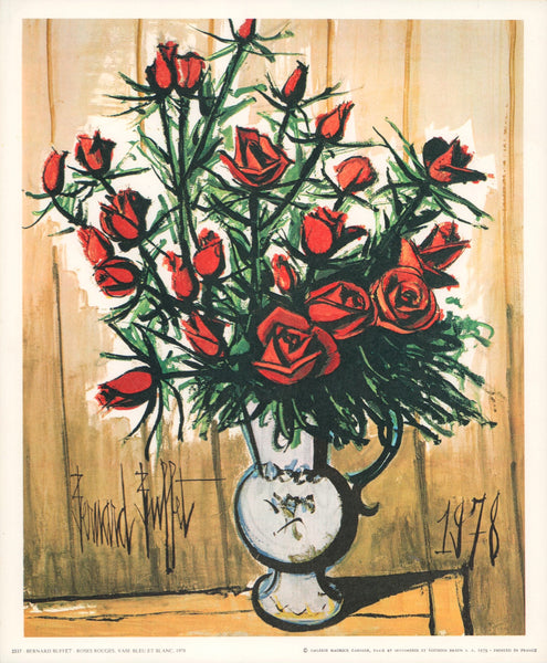 ベルナール・ビュッフェ、【Roses,vase bleu et blanc】 Red Roses, Blue and White Vase, 1978 by Bernard Buffet - 10 X 12