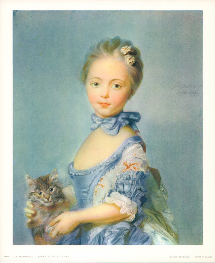 Girl with a Kitten by Jean-Baptiste Perronneau - 10 X 12 Inches (Art Print)