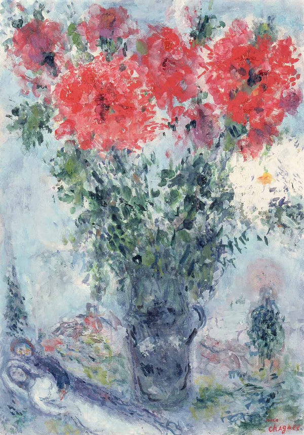 Lovers and Bunch of Peonies in a Green Vase, 1976 by Marc Chagall - 20 X 28 Inches (Art Print)