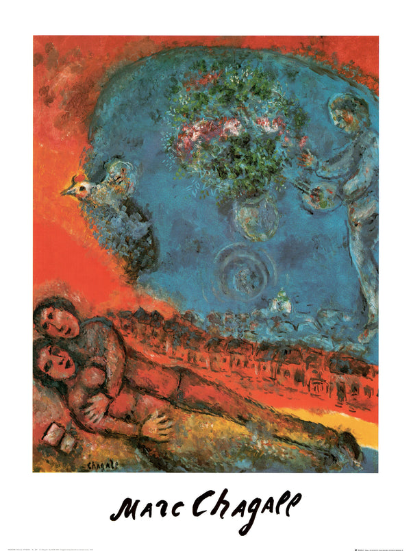 Couple of Lovers on a Red Background, 1983 by Marc Chagall - 24 X 32 Inches (Art Print)