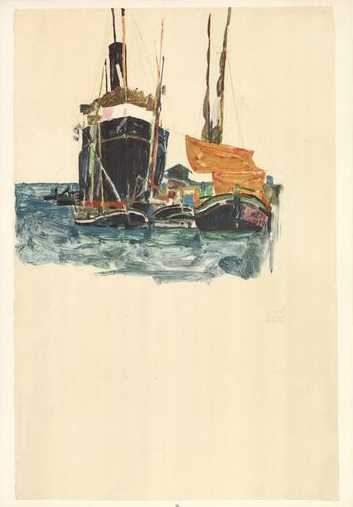 Sailing Ships in the Water by Egon Schiele - 14 X 20 Inches (Art Print)