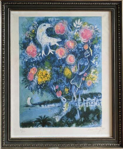 The Bay of Angels with a bunch of Roses by Marc Chagall - 20 X 24" (Framed Offset Lithograph, Facsimile Signed, Giclee on Masonite, Ready to Hang) 7/150