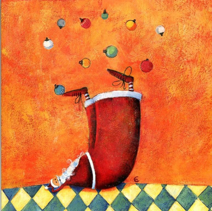 Juggling Christmas Balls by Marie Cardouat - 6 X 6 Inches (Greeting Card)