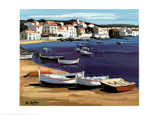 Boats on the Beach at Cadaques by Jean-Claude Quilici - 24 X 32 Inches (Art Print)