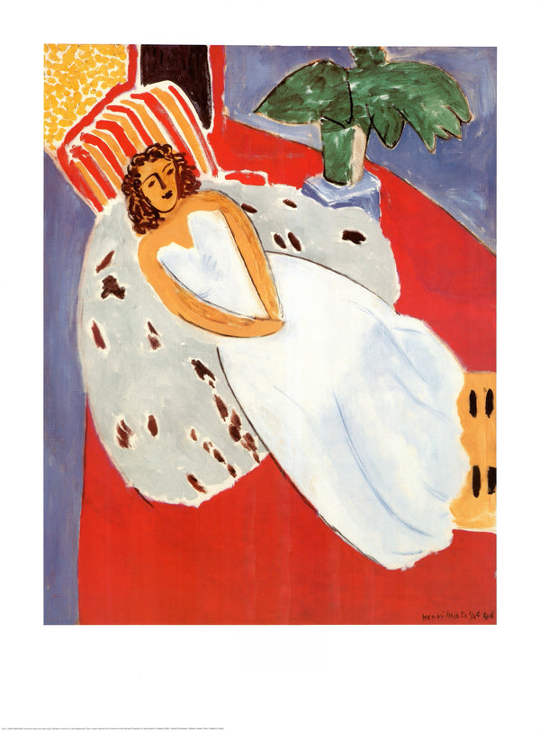 Woman in white on red background by Henri Matisse - 24 X 32 Inches (Art Print)