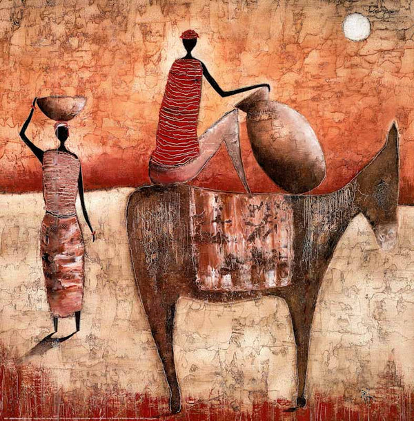 Two Women and a Donkey by Michel Rauscher - 20 X 20 Inches (Art Print)