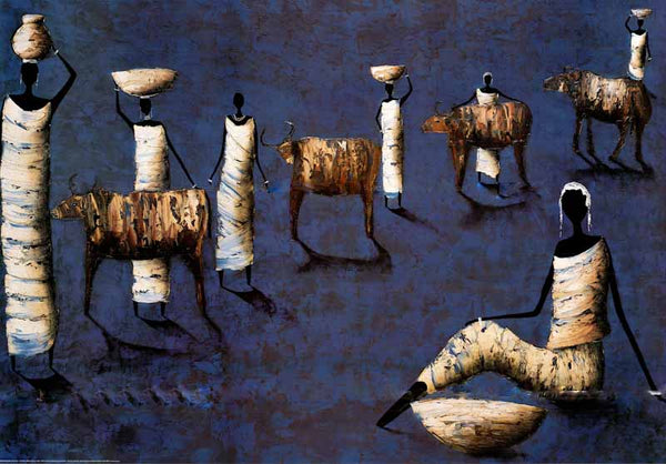 African Women With Buffaloes by Michel Rauscher - 28 X 40 Inches (Art Print)