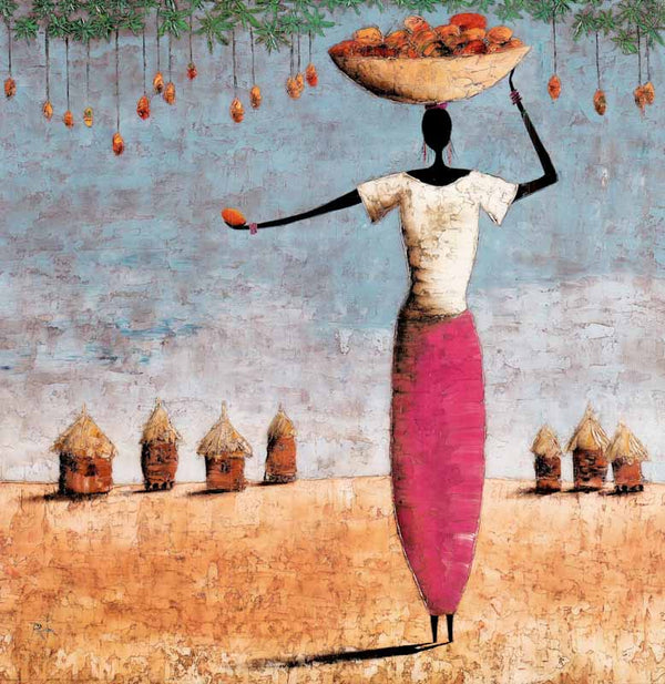 Women With a Basket on Her Head by Michel Rauscher - 28 X 28 Inches (Art Print)