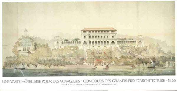 Vast Hostelry / Une Vaste Hôtellerie pour des Voyageurs - Concours des Grands Prix d'Architecture, 1865 by Victor Postolle - 26 X 48 Inches (Art Print)