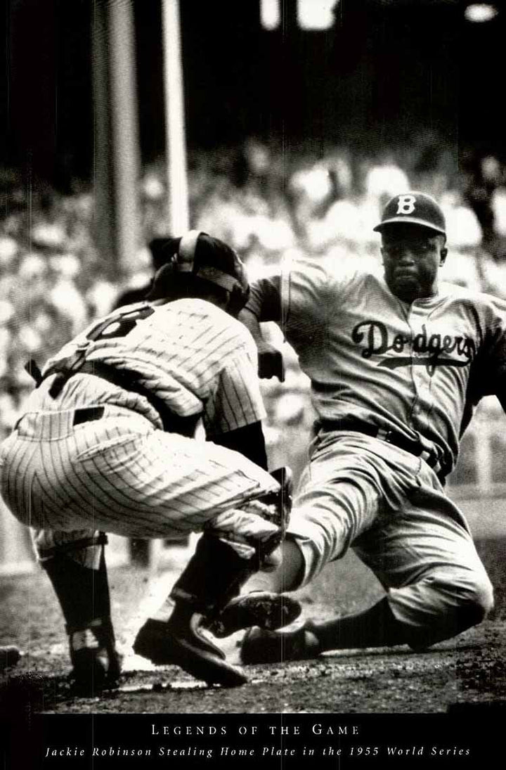 Jackie Robinson Stealing Home Plate, 1955 by Mark Kauffman - 24 X 36 Inches (Art Print)
