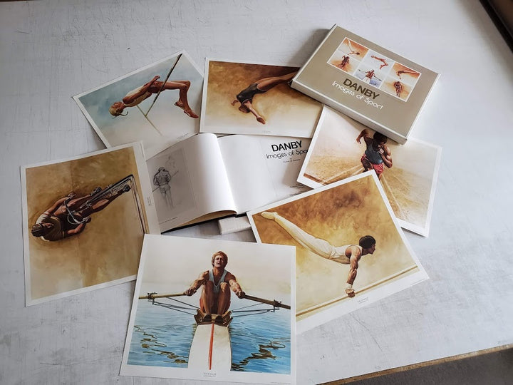 Six Olympic Watercolor Prints, 1976 and “Danby: Images of Sport” book by Kenneth Danby (Vintage Art Book and Watercolor Prints)