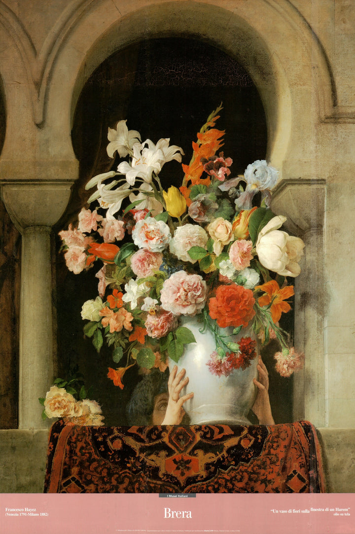 A vase of flowers on the window of a Harem by Francesco Hayez - 27 X 39 Inches (Art Print)