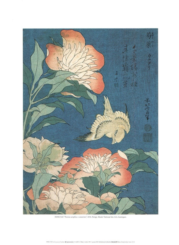 Simple peony and canary, 1834 by Katsushika Hokusai - 12X16 Inches (Art print)