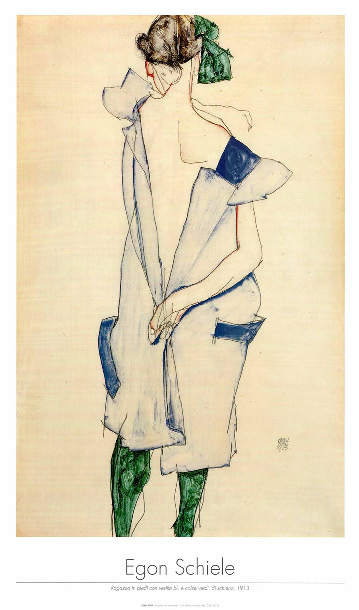 Standing Girl in Blue Dress and Green Stockings, 1913 by Egon Schiele - 24 X 40 Inches (Art Print)