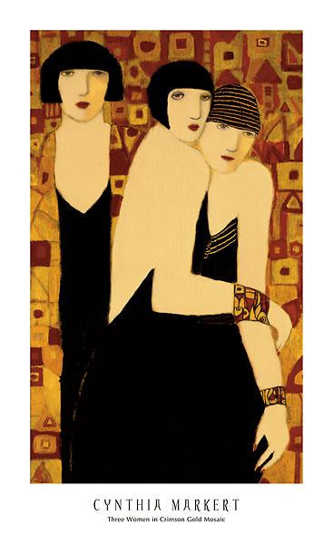 Three Women in Crimson Gold Mosaic by Cynthia Markert - 22 X 36 Inches (Art Print)