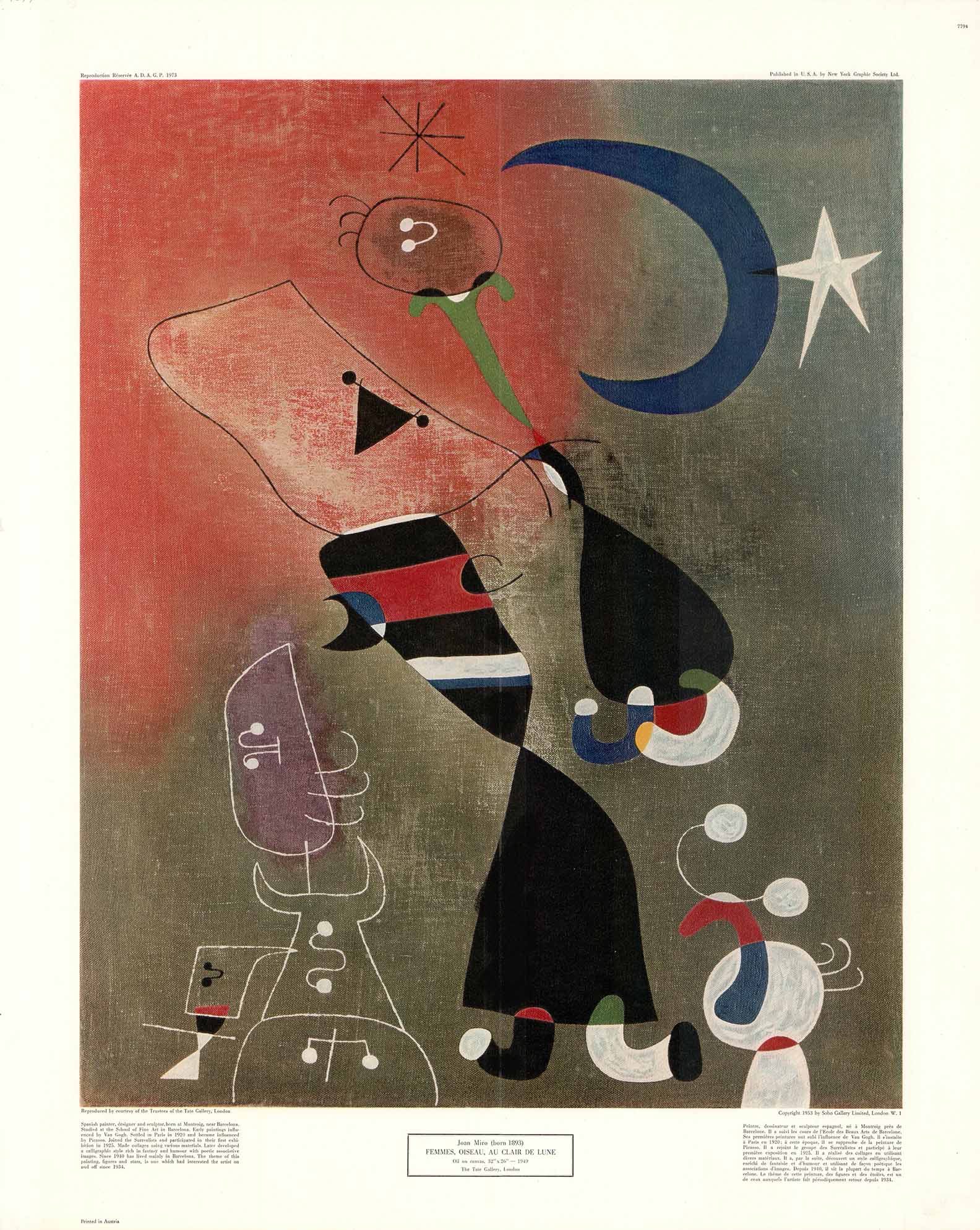 Femmes, Oiseau au Clair de Lune, 1949 by Joan Miro - 22 X 28