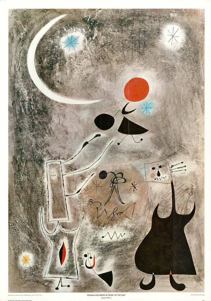 Woman and Birds in Front of the Sun by Joan Miro - 20 X 28 Inches (Art Print)