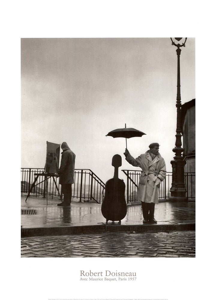Musician in the Rain, 1957 by Robert Doisneau - 20 X 28 Inches (Art Print)