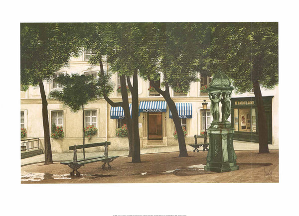 A fine art print featuring a vintage-style illustration of a city square with trees, buildings, and a blue awning.