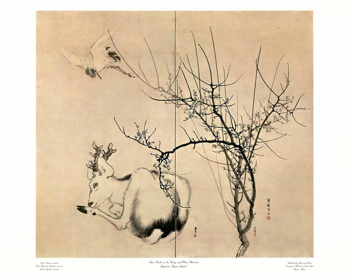 Deer, Stork on the Wing and Plum Blossoms by Toyo, Goshun and Ganku - 22 X 28 Inches (Art Print)
