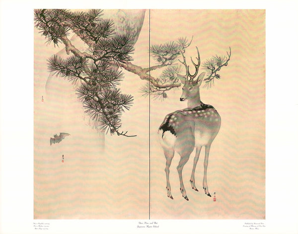 Deer, Pine and Bat by Toyohiko, Toyo, and Keibun - 22 X 28 Inches (Art Print)