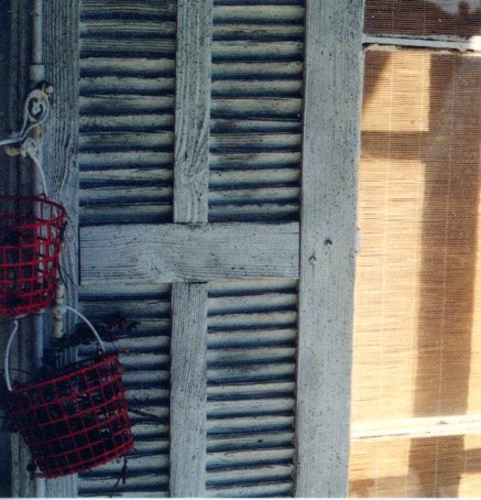 Shutters and Red Basket by Ruth Beker - 3 X 3 Inches (Greeting Card)