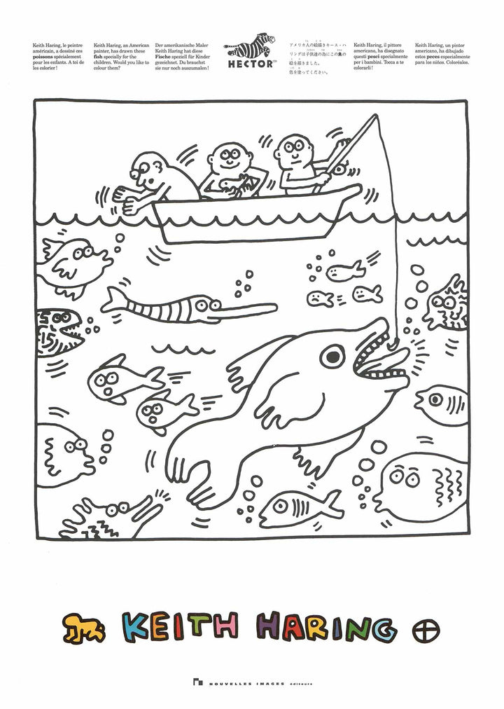 Fishing by Keith Haring - 20 X 28" (Picture to colour by children) - Offset Lithograph