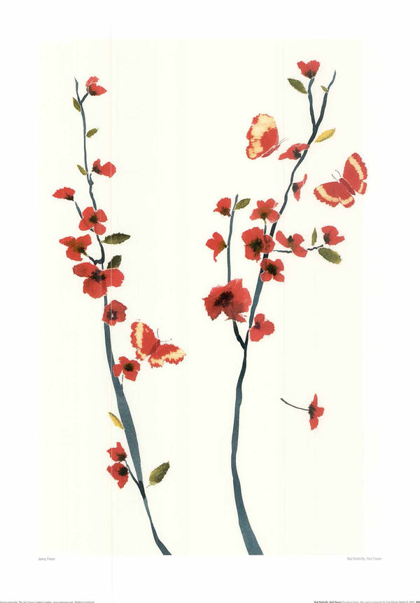 Papillon rouge, fleurs rouges par Jenny Frean - 20 X 28" - Affiches d'art.