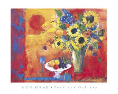 Red Still Life with Sunflowers by Ann Oram - 16 X 20" - Fine Art Posters.
