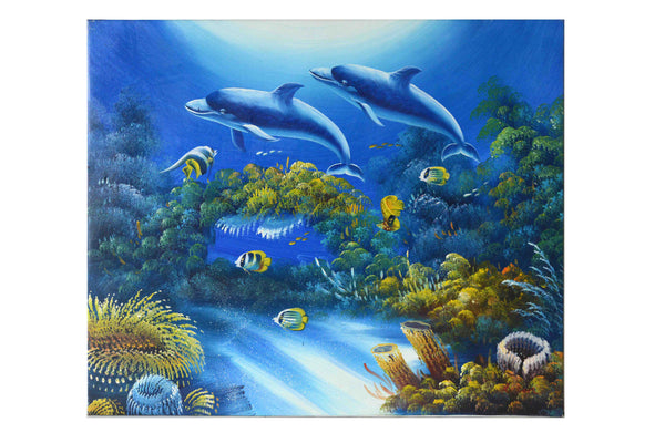 Dolphins in the Sea - (Oil Painting on Canvas-Ready to Hang) by Alfia - 20 X 24" - Fine Art Poster.