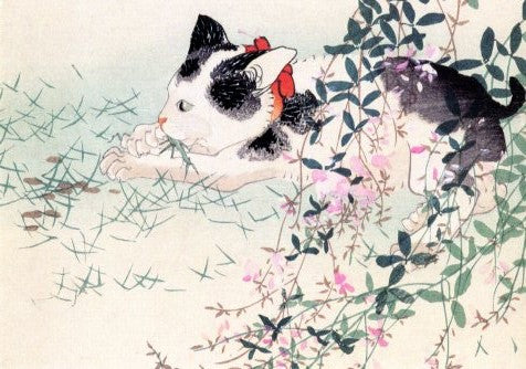 Kitten Playing with a Cricket, 1900 - Japanese Print - 5 X 7 Inches (Greeting Card)