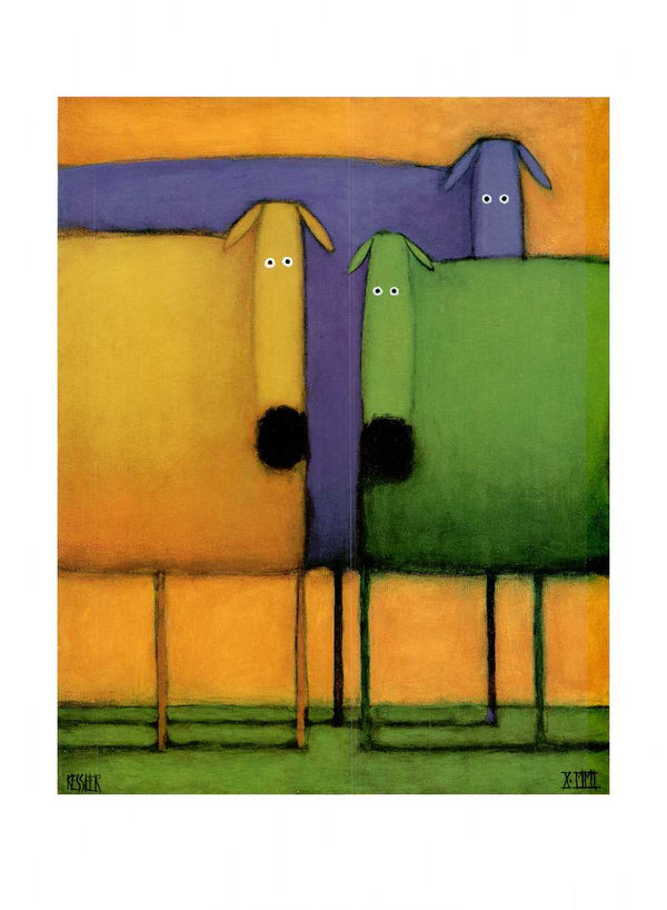 Yellow, Green and Purple Dogs by Daniel Patrick Kessler - 24 X 32" - Fine Art Poster.
