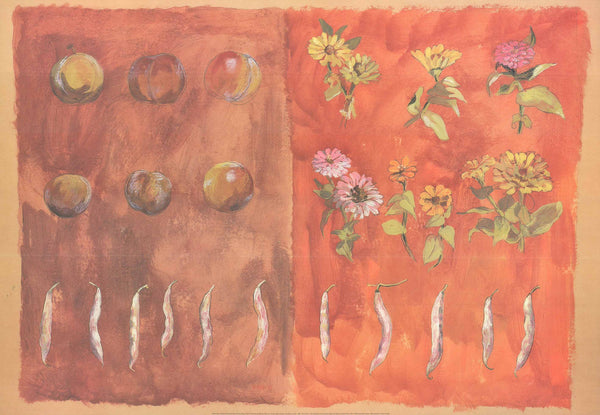Zinnias, Haricots, Prunes, 1995 par Valérie Roy - 28 X 40 pouces - Affiche d'art. 