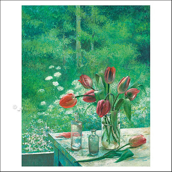 Tulips against a wood by Harry Meerveld - 6 X 6 Inches (Greeting Card)
