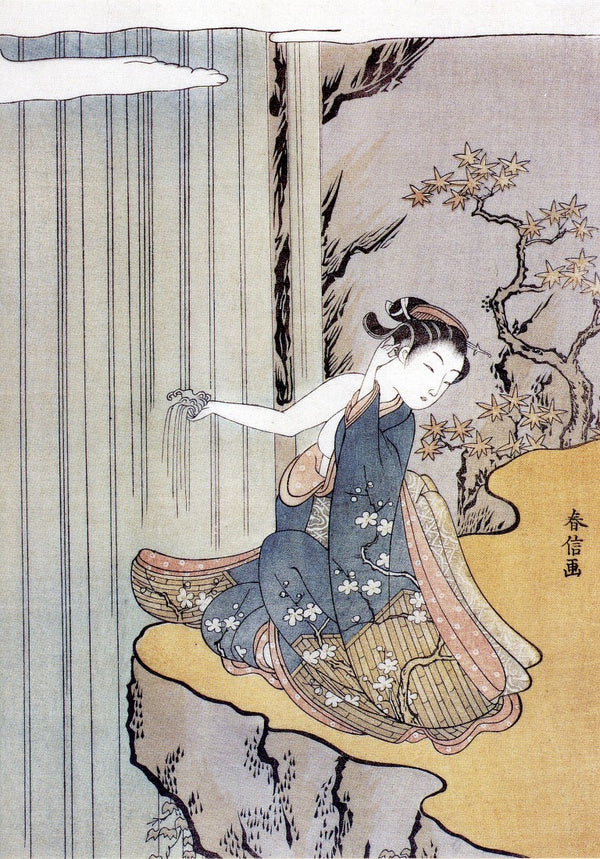 Jeune Femme se Mouillant les Doigts a une Cascade, XVIII Siècle par Suzuki Haronobu - 5 X 7 pouces (Carte de notes)