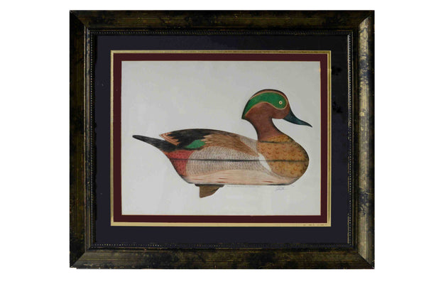 Green Wingteal Drake Decoy, 1965 par Arthur Nevin - 24 X 28 pouces (gravure encadrée avec triple mat numéroté et signé) 80/150