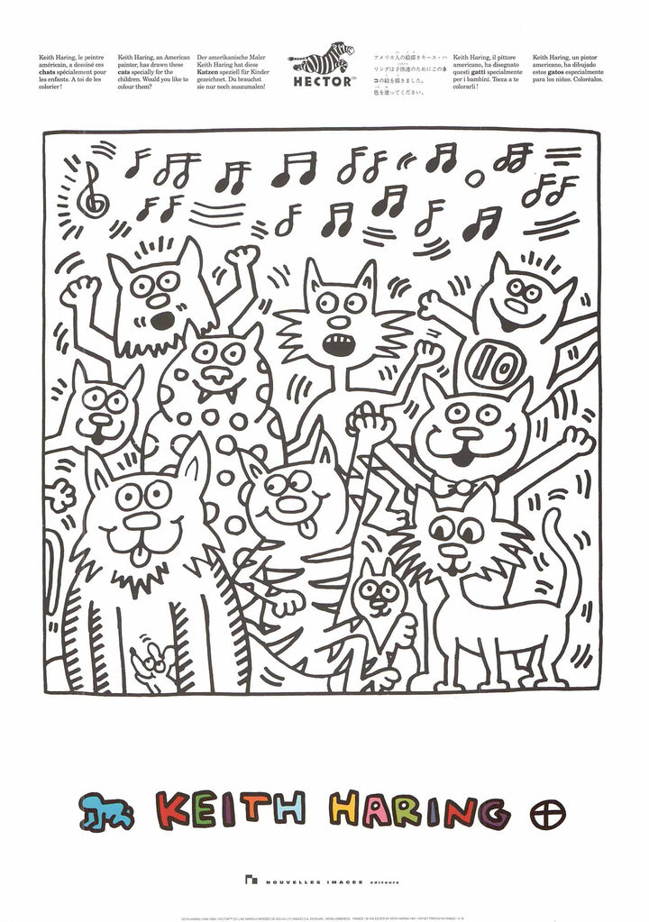 Singing Cats by Keith Haring - 20 X 28" (Picture to colour by children) - Offset Lithograph
